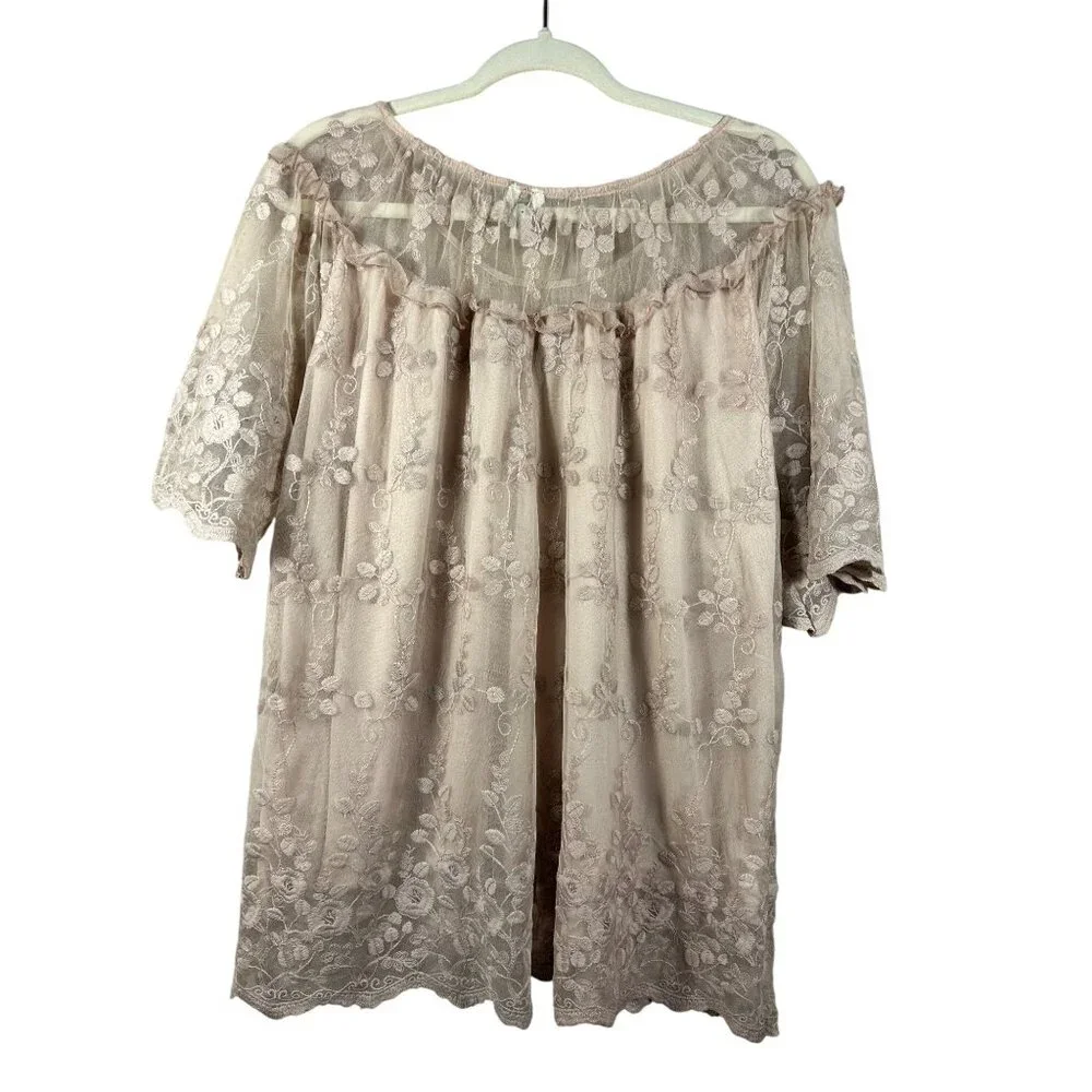 Cato XL Women's Pink Floral Lace Off-Shoulder Blouse - Picture 3 of 10